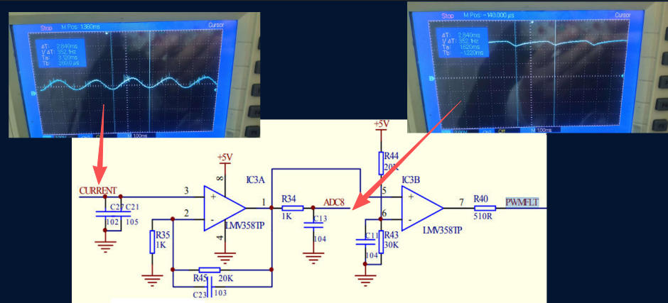 这个是运放前后的波形，，电流波动不稳